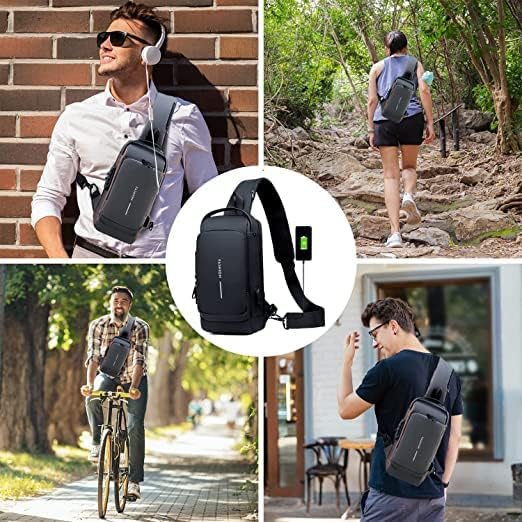 Fashion Men Sling Bag Pack with Lock Waterproof Anti-Theft Chest Bag with USB Charging Port Shoulder Bag Body Backpack with TSA Lock