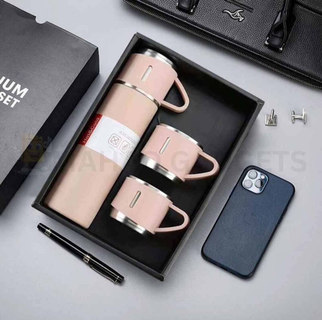 500ml Stainless Steel Vacuum Flask Water Bottle With 2 Extra Cups (160ml) – Thermal Bottle For Hot & Cold Drinks – 3-piece Travel Thermos Set