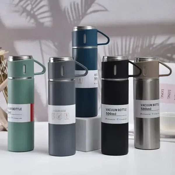 500ml Stainless Steel Vacuum Flask Water Bottle With 2 Extra Cups (160ml) – Thermal Bottle For Hot & Cold Drinks – 3-piece Travel Thermos Set